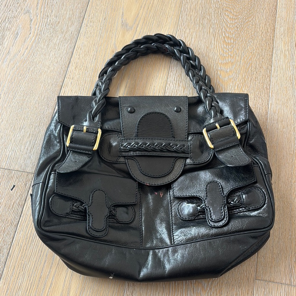 Valentino Garavani Black and Gold Satchel with Braided Handle